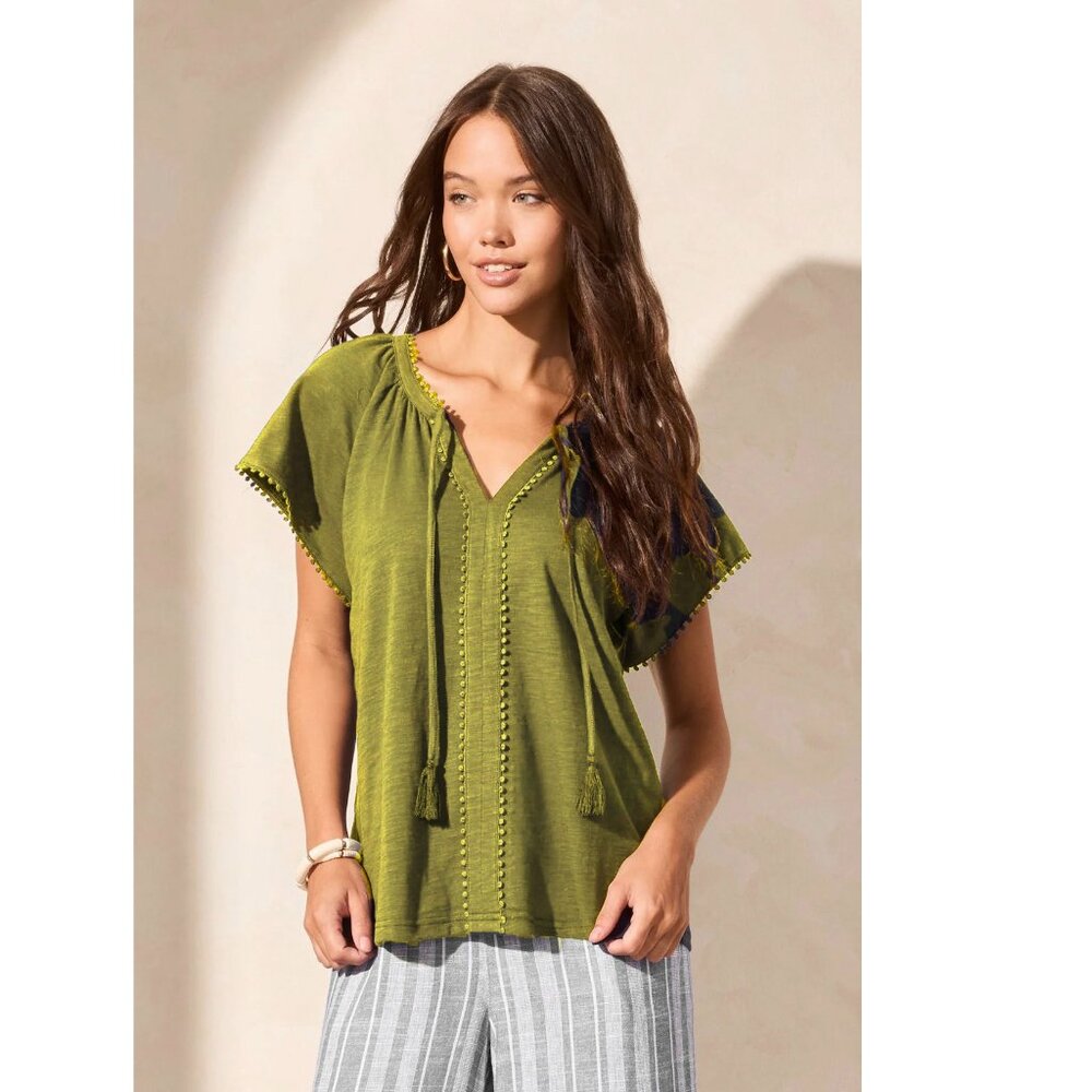 TRIBAL women's peasant tassel top in Moss Green